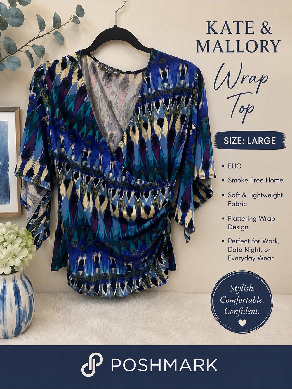 Kate & Mallory Blue Teal Patterned Wrap Top - Women's Large EUC